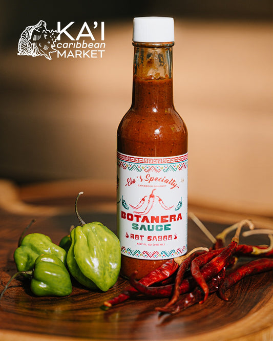 Botanera hot sauce bottle with habanero peppers and dried chiles by Kai Caribbean Market