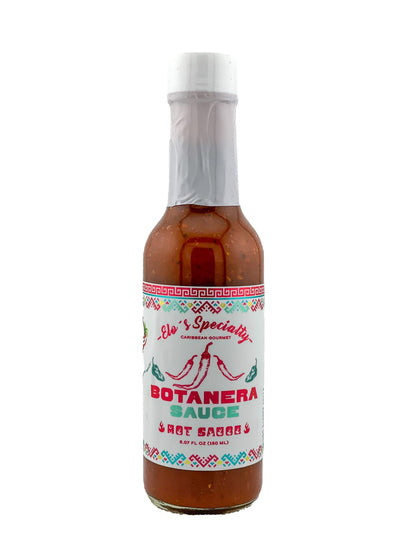 Bottle of Botanera Sauce with a colorful label on a white background
